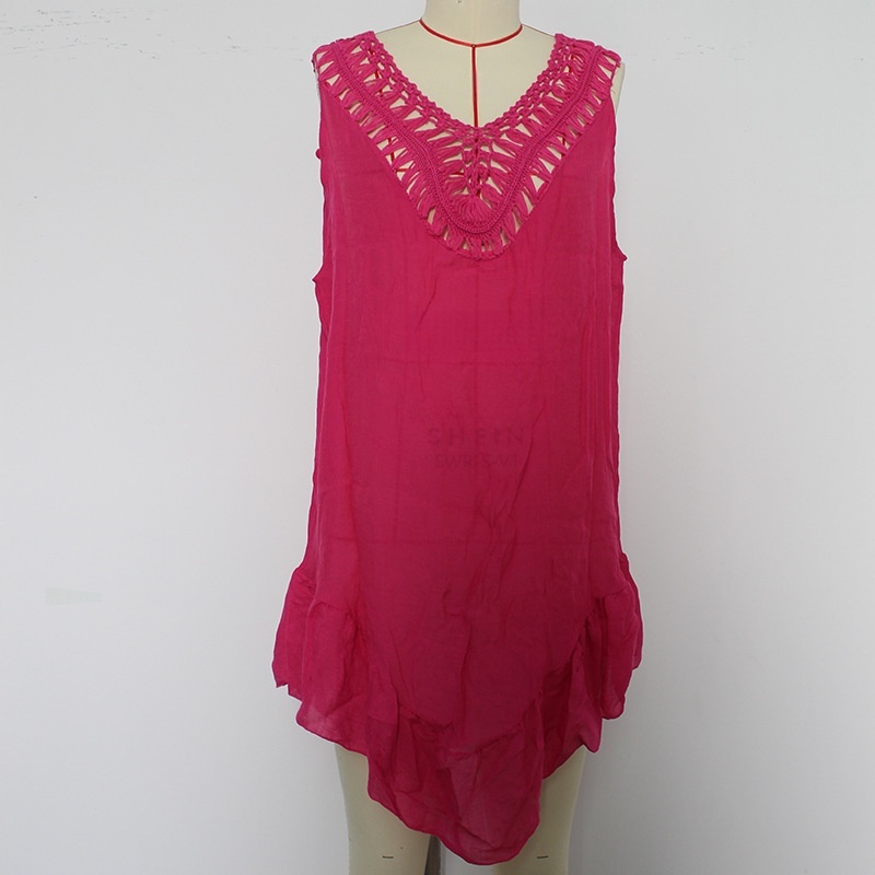 Womens Boho Beach Cover-Up Dress - Crochet V-Neck Sleeveless Mini Dress